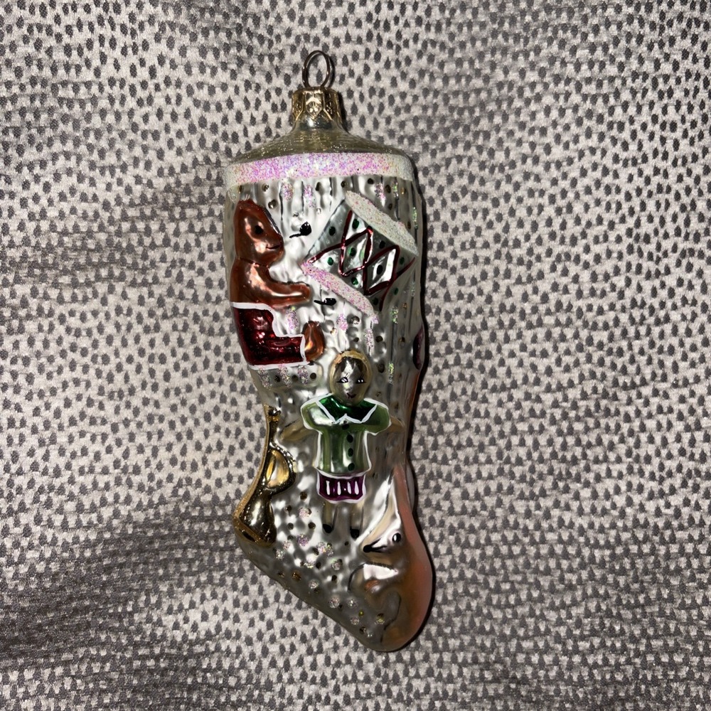 Vintage 1994 Christopher Radko Ornament " Stocking Full " Silver with gifts